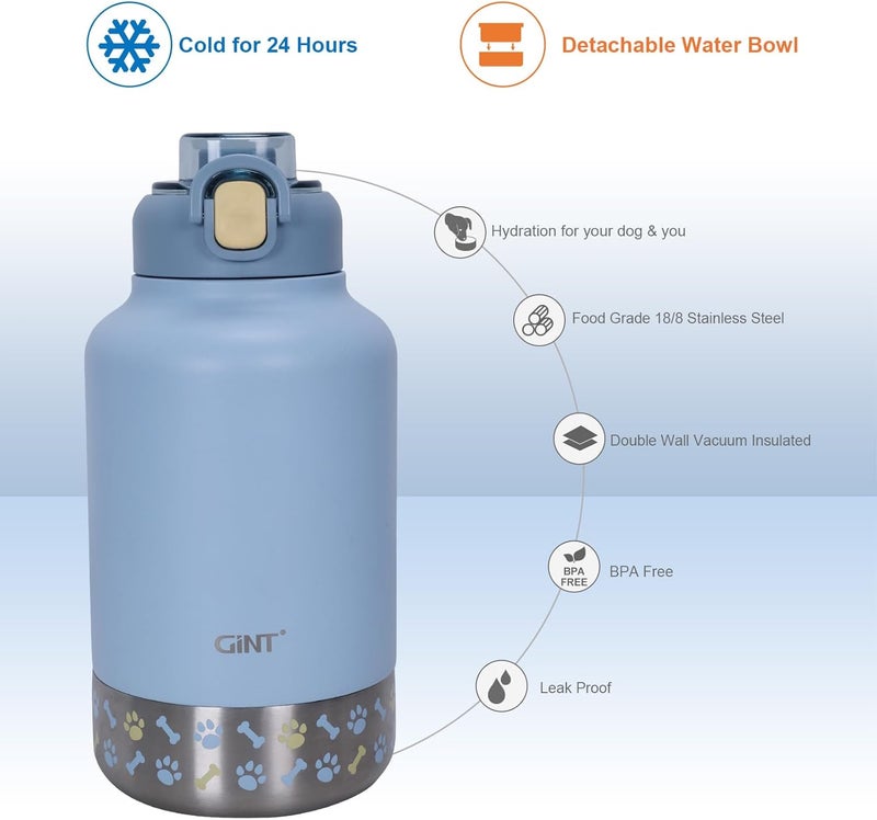 GiNT 37oz Insulated Stainless Steel Dog & Human Water Bottle, All-in-1 Travel Dispenser with Detachable Bowls & Carrying Case, Leak-Proof Pet Canteen for Walking, Hiking, Camping, Car (Blue) - Image 5
